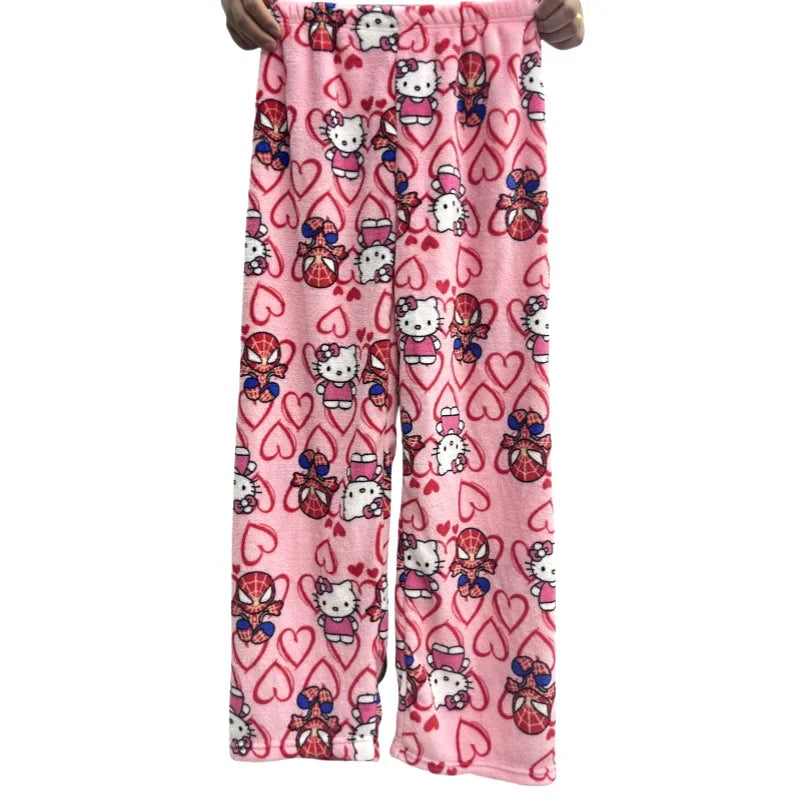 Sanrio Hello Kitty Pajamas Spider-Man Flannel Fashion Trouserswomen Kawaii Woolen AnimeCartoon Casual Home Pants Winter Clothing