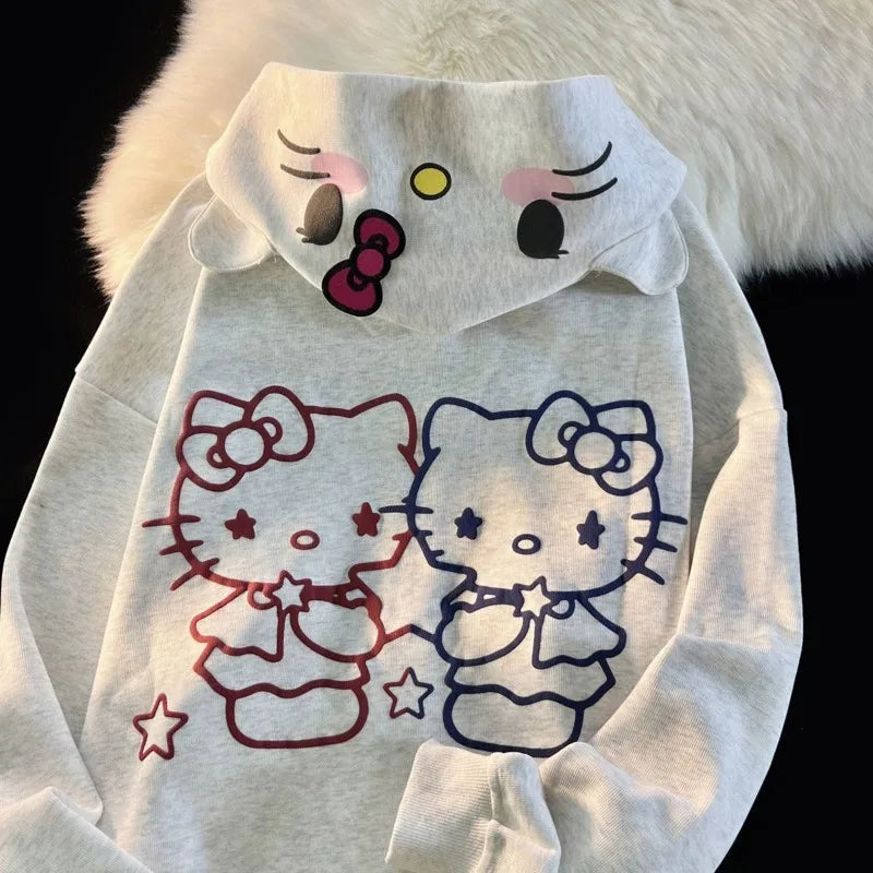 Cute Hello Kitty Cardigan Coat Female Loose Student Oversized Hoodie Gothic Zip Up Hoodie Kawaii Clothes Y2k Sweatshirts