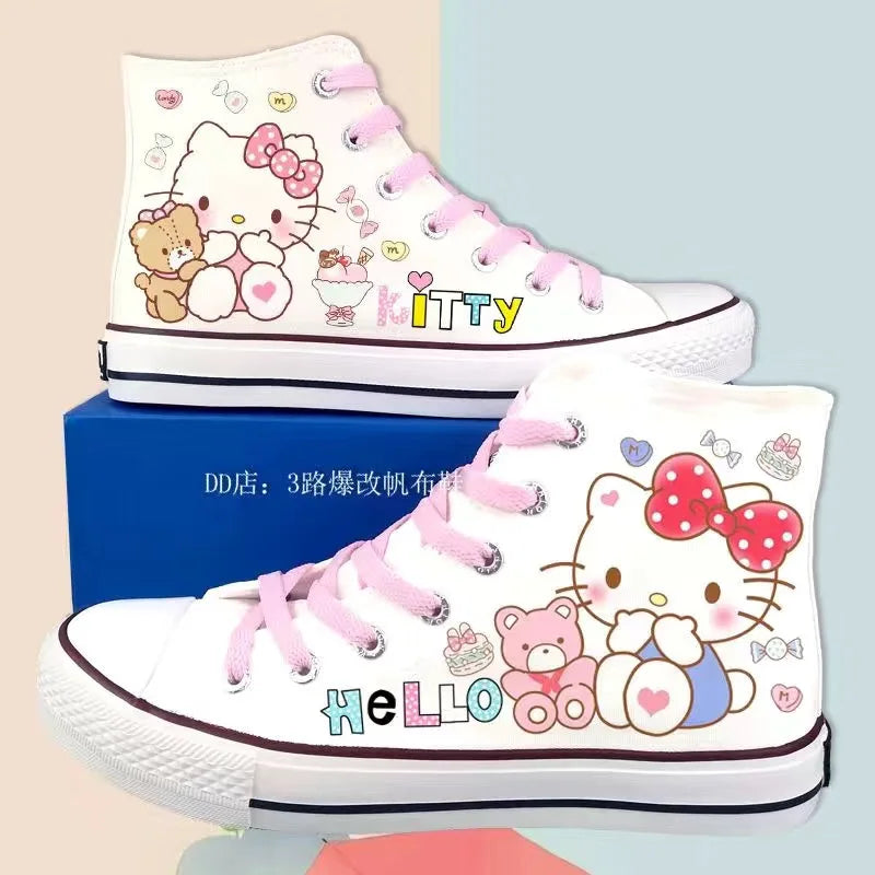 Kitty Lolita Shoes High Top Canvas Shoes for Women Hello Kitty Printed Student Casual Flat Sneakers 2024 New Women Shoes