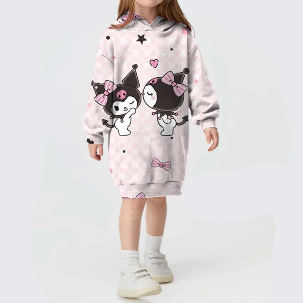 Toddler Kids Hello Kitty Kuromi print Hoodies Dresses for Girls Loose Casual Long Dress Infant Children O Neck Outfits Dress