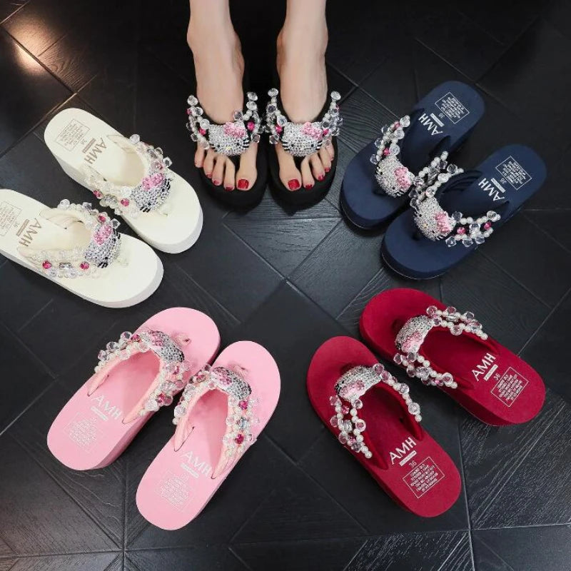 Kawaii Hello Kitty Soft Flip Flop Sandals Beach Slides Shoes Women Casual Wedge High Heels Platform Slippers Ladies