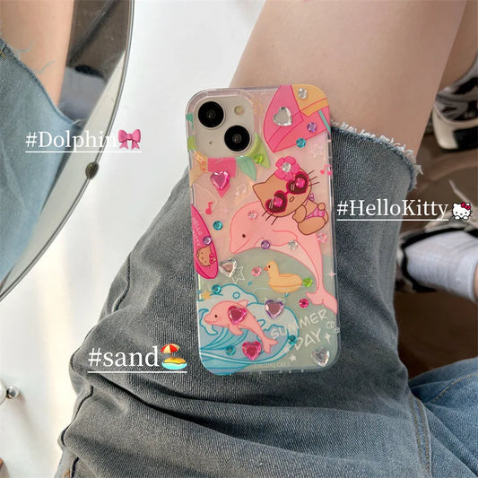 Hello Kitty Sunglasses Pink dolphin rhinestone Phone Case For iPhone 15 14 13 12 11 Pro Max case cute cartoon Sweet Cover