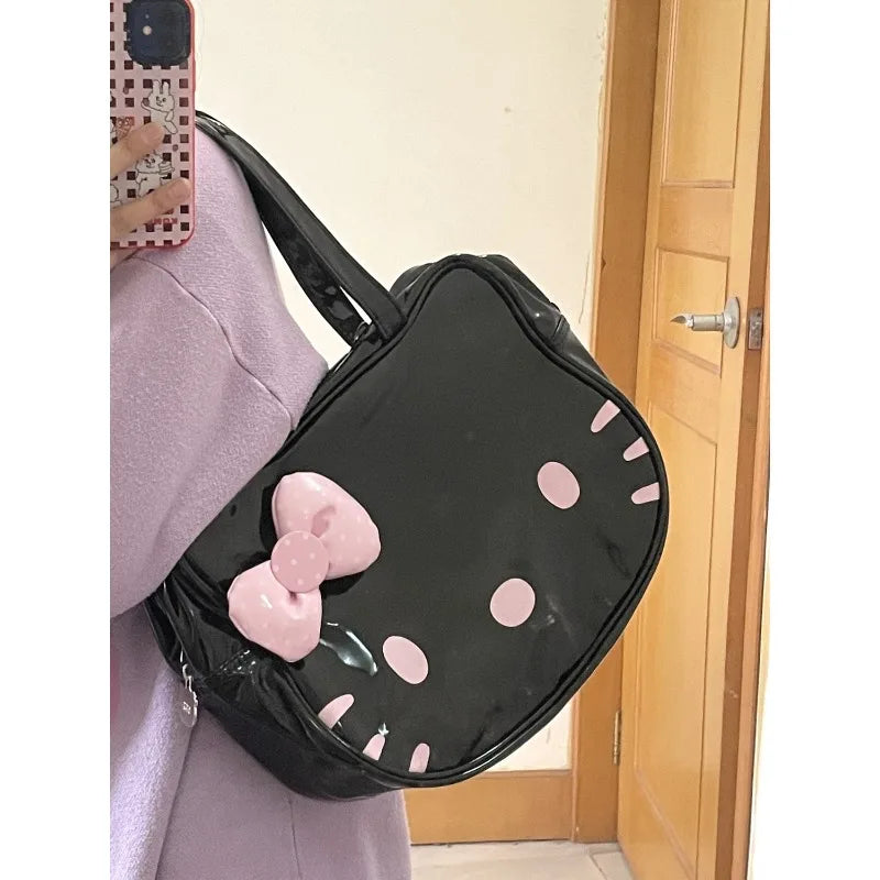 Hello Kitty Womens Shoulder Bag Black Leather Cute Bow Harajuku Fashion Cartoon Tote Bag New Style Casual Female Handbag