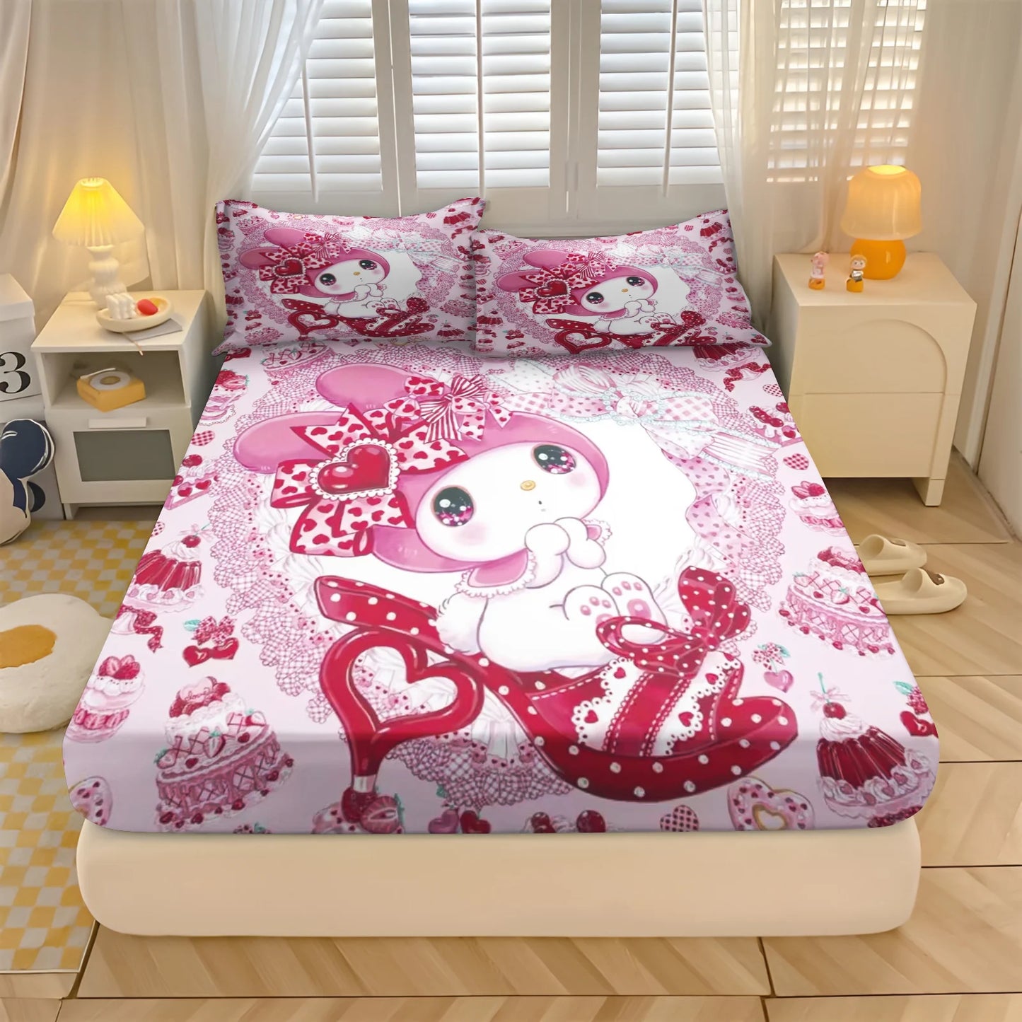 Sanlio, Kuromi Hello kitty 100% Polyester With Pillowcas Bedding Set  Fitted Sheet Bed Cover Full 3D Printed Children'S