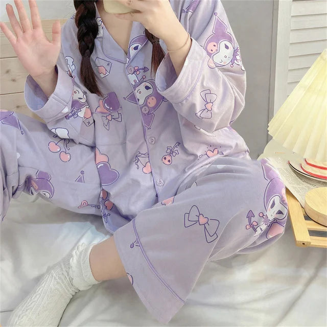 Kawaii Hello Kitty Cosplay Clothes Kuromi Korean Autumn Two Piece Pajamas Soft Home Wear Outgoing Girl