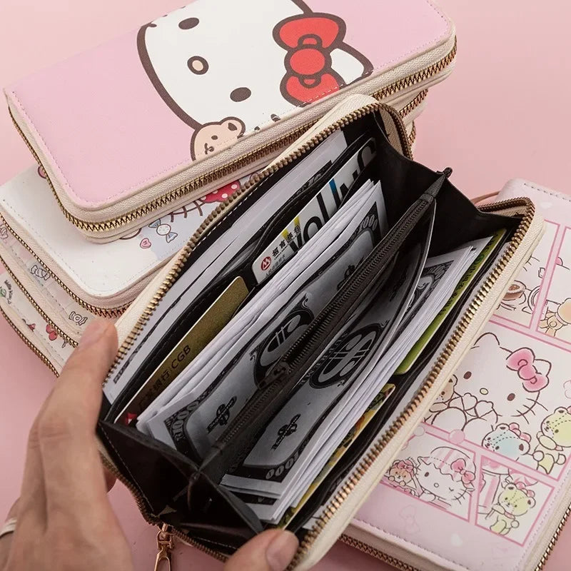 Hello Kitty Purse Long Zipper Texture Student Card Bag Large Capacity Coin Purse Kawaii KT Cute Bank Card Bag Storage Bag