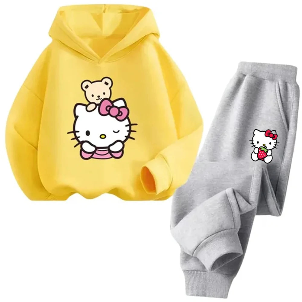 Hello Kitty Boys Girls Hoodie Trousers Set Children's Sweatshirt + Sweatpants Two-piece Fashion Set age 3-12 Kids Autumn Winter