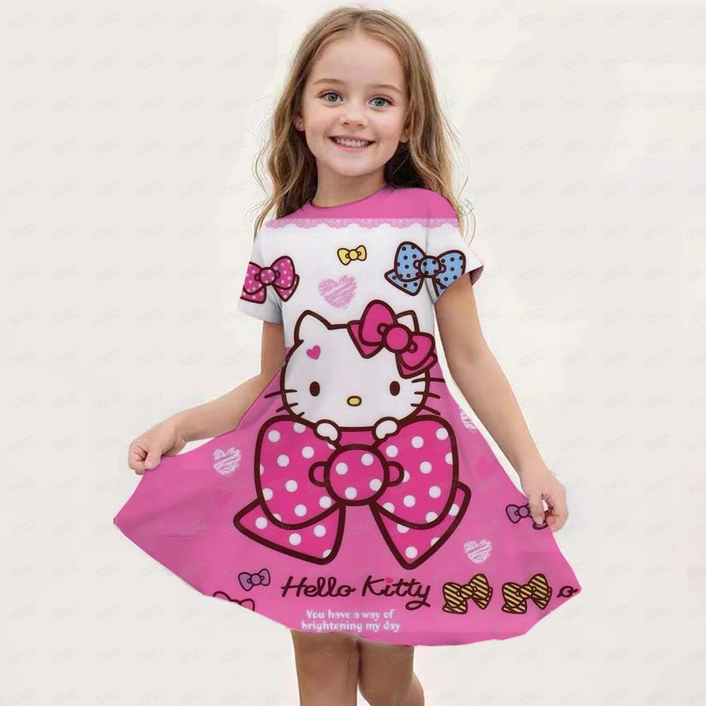 New Summer Girls Dress Fashion Cartoon Cute Cinnamoroll &Hello Kitty 3D Printing Dress Kid Short Sleeve Princess Clothing