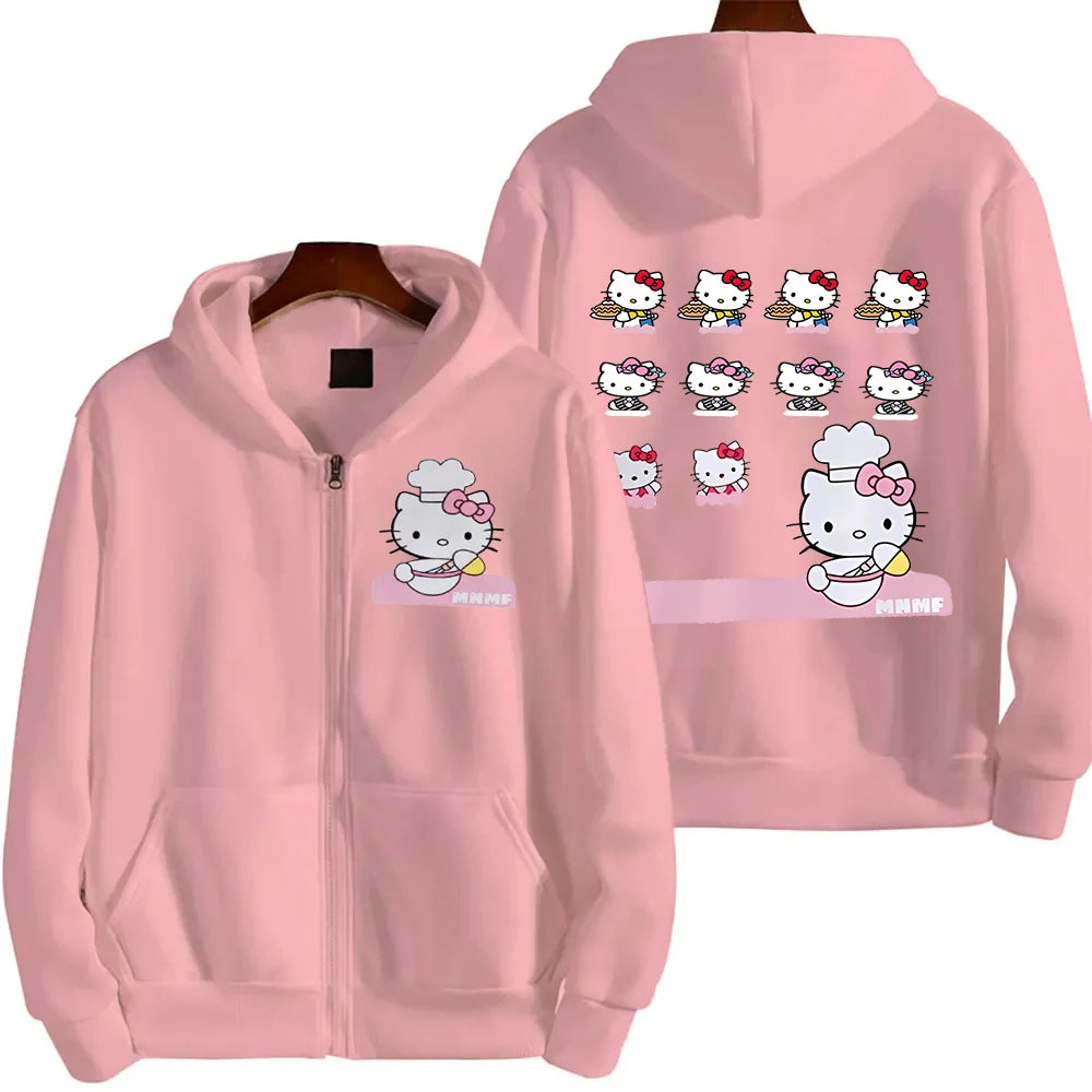 Anime Cute Printed Hoodies Women Cartoon Hello Kitty Y2k Korean Students Loose Sweatshirt Fashion Sweet Cardigan Clothing