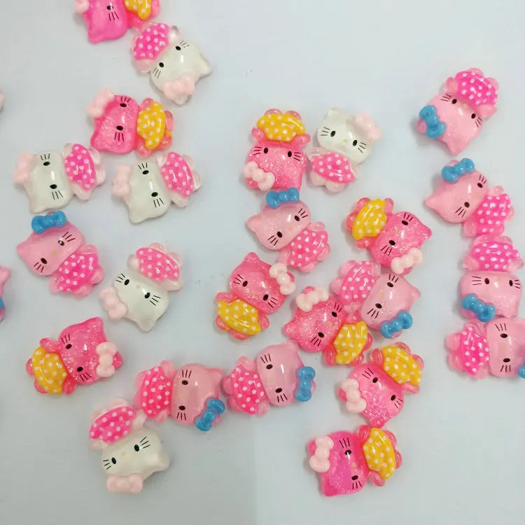 10Pcs Pink Bow Transparent Hello Kitty Nail Charms Accessories Cartoon Resin Flatback DIY Jewelry Decoration