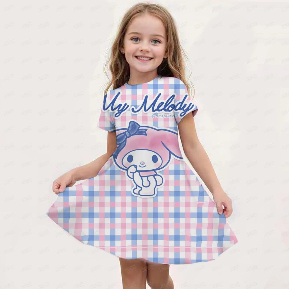 New Summer Girls Dress Fashion Cartoon Cute Cinnamoroll &Hello Kitty 3D Printing Dress Kid Short Sleeve Princess Clothing