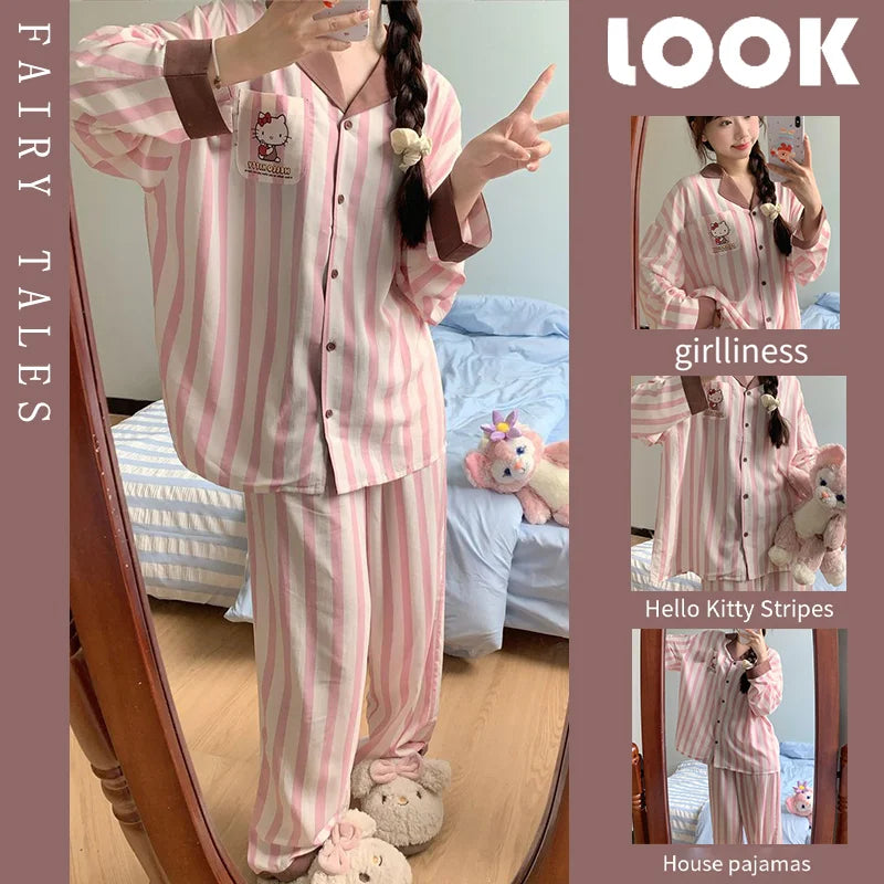 Kawaii Cartoon Hello Kitty Cat Anime Cartoon Striped Pajamas Long Sleeve Trousers Two-Piece Home Suit Girl Birthday Present