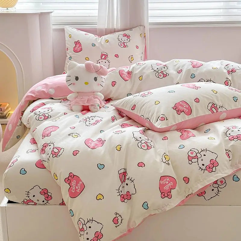 Kuromi Cinnamoroll My melody Hello Kitty Fashion Simple Cartoon Print Pure Cotton Bed Sheets and Quilt Covers Three Piece Set