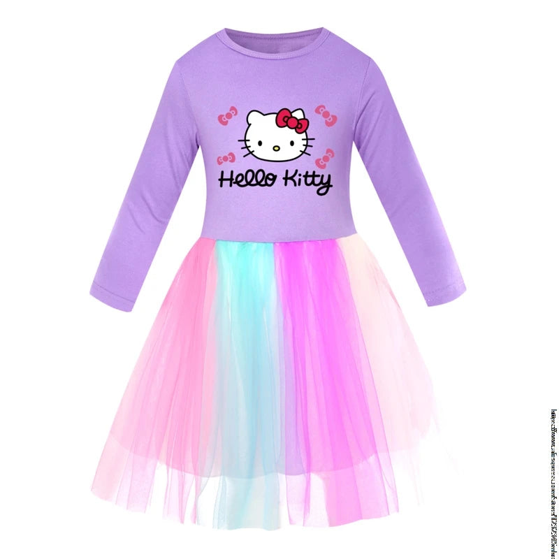 New Hello Kitty Kids Clothes Long Slevess Dresses Cotton Rainbow Full Dress Teen Cartoon Girl Clothing Party Clothes 2-7Years