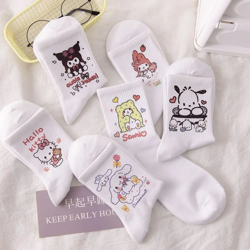 Cartoon Hello Kittys Kuromi Socks Ins Girl's Heart Kawaii Warm and Versatile Four Seasons Medium Socks Gifts