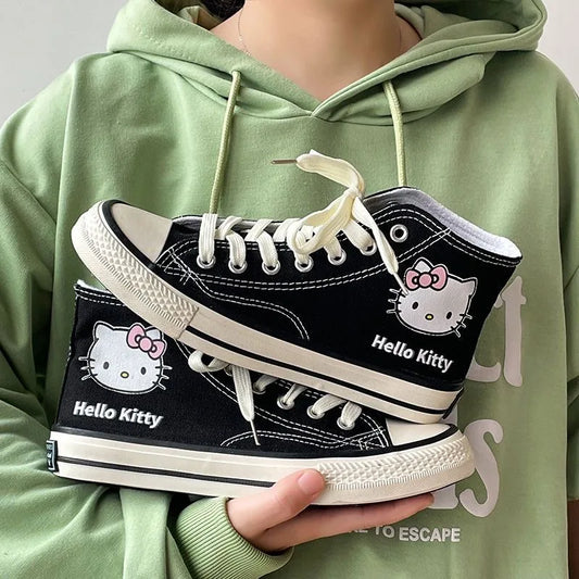 Hello Kitty High Top Canvas Shoes Student Cartoon Graffiti Skateboard Shoes Kawaii Girls Preppy Style Versatile Sneakers