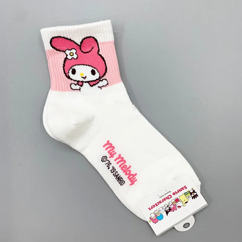 Kawaii Cartoon Hello Kitty Melody Socks for Girls Medium Kuromi Cinnamoroll Cotton Socks White Sock Women Female