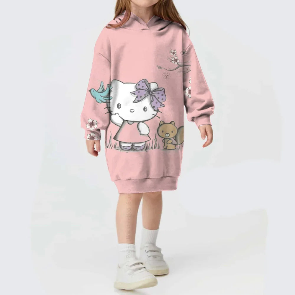 Girls Hooded Dress for Autumn Winter Kids Hello Kitty Kuromi print Dress Girl Striped Long Sleeve Clothes Kids Hoodies Dresses