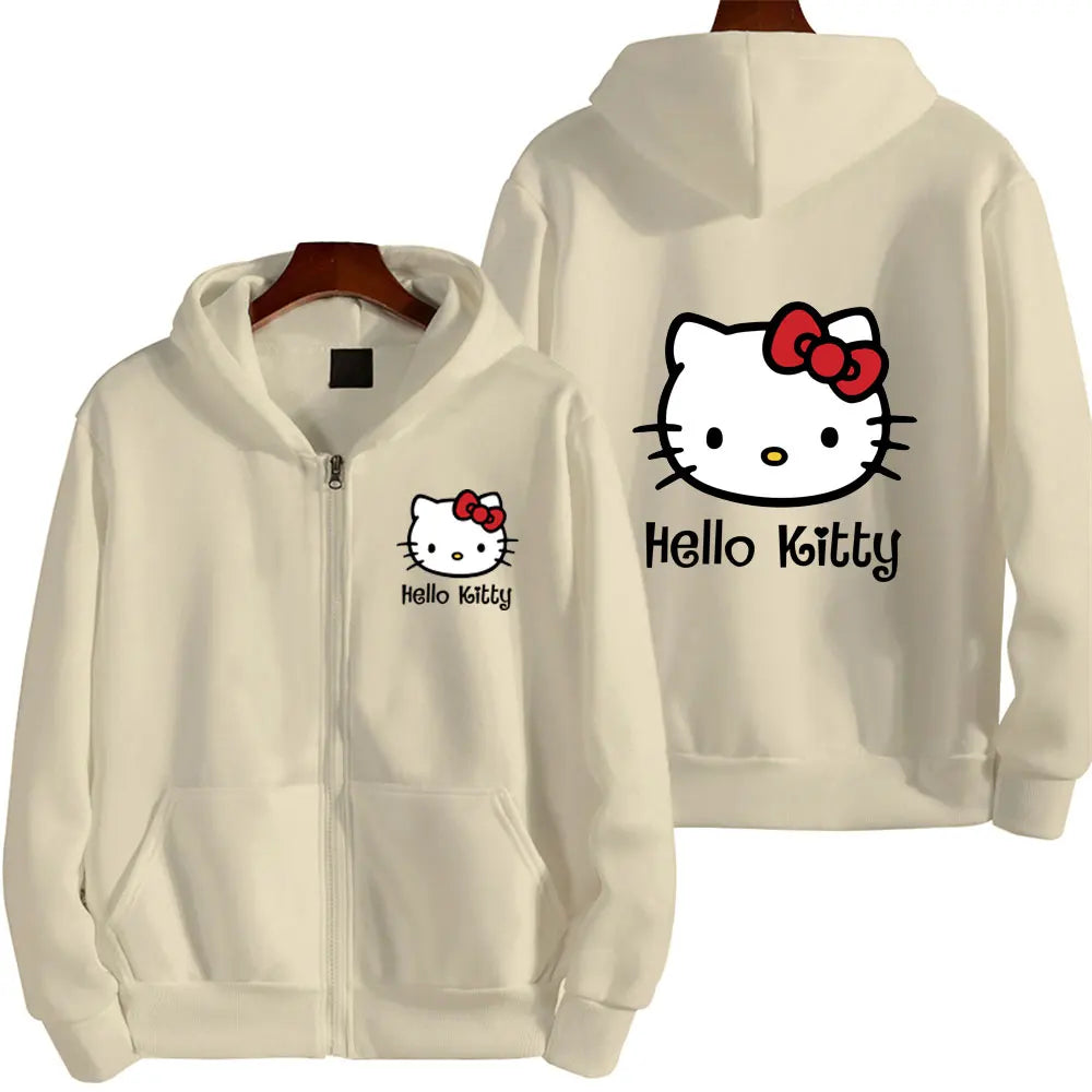 Women's Zipper Hoodie Autumn and Winter New Cute Kawaii Hello Kitty Pattern Sweatshirt Streetwear Women's Clothing