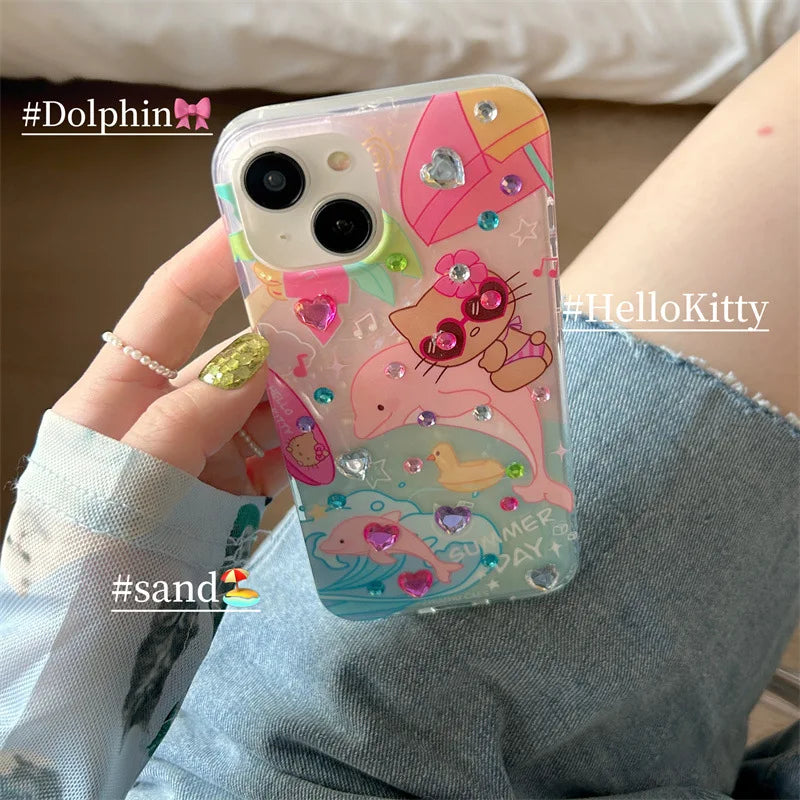 Hello Kitty Sunglasses Pink dolphin rhinestone Phone Case For iPhone 15 14 13 12 11 Pro Max case cute cartoon Sweet Cover