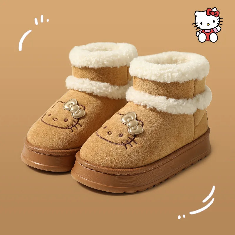 Hello Kitty Snow Boots Winter Girl Plush Snow Booties Keep Warm Slippers Shoes Non-Slip Sneaker Outdoor Warmth Snow Boot