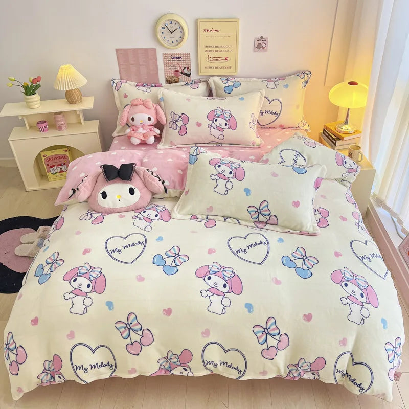 Double Sided Velvet Bedding Set Melody Kuromi Hello Kitty Winter Flannel Single Double Queen King Quilt Cover Bed Sheet