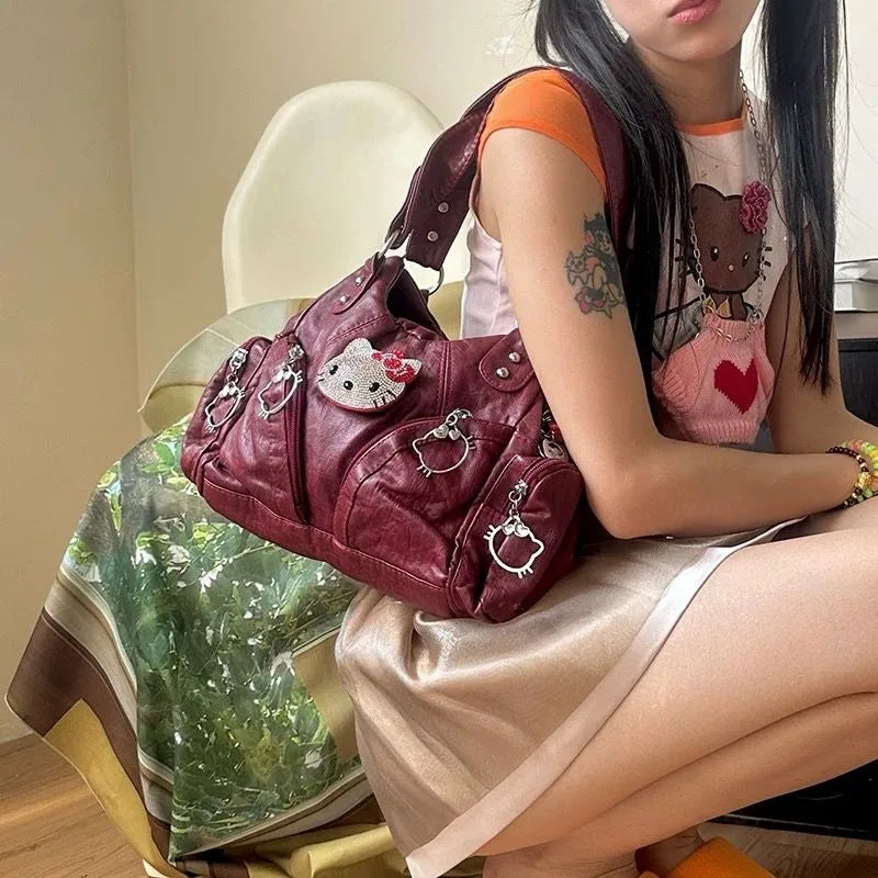 Vintage Shoulder Bag for Women Cute Hello Kitty Luxury Designer Handbag Pu Leather Fashion Original Ladies Armpit Bag