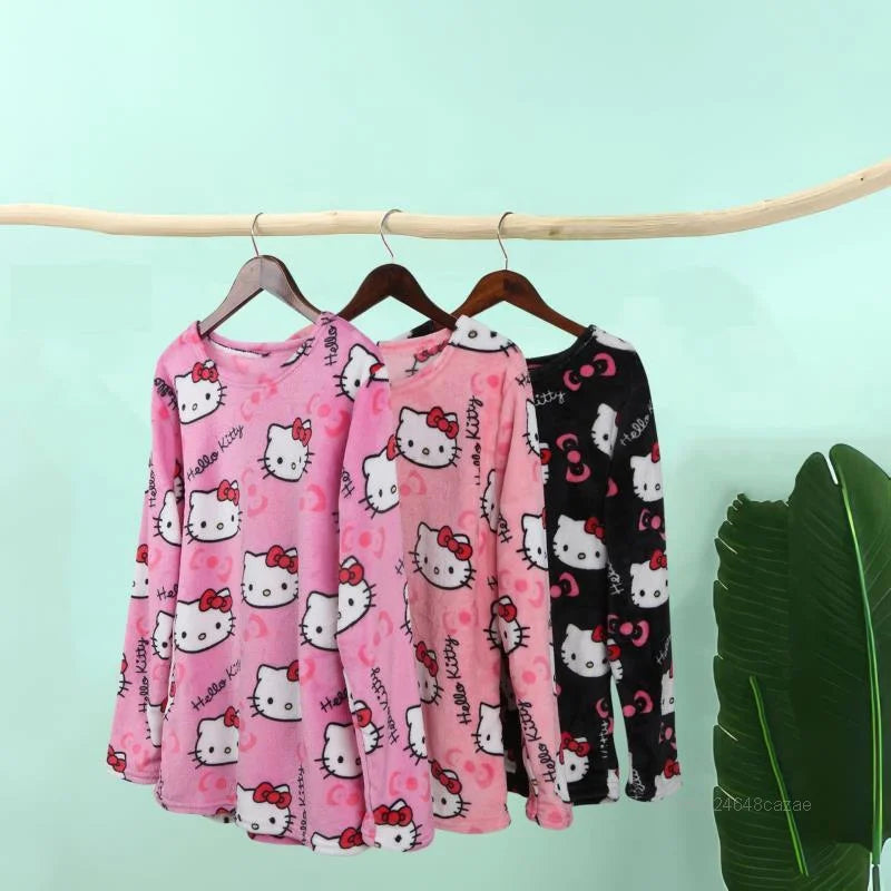 Sanrio Hello Kitty Women Autumn Winter Pajamas Thickened Flannel New Cartoon Home Suit Set Japanese Style Casual Trend Sleepwear