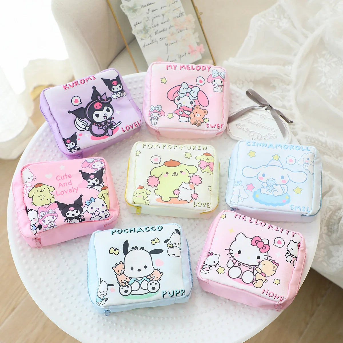 Hello Kitty Cinnamoroll Kuromi Cartoon Girl Sanitary Napkin Storage Bag MakeUp Bag Coin Purse  Card Holder Bag