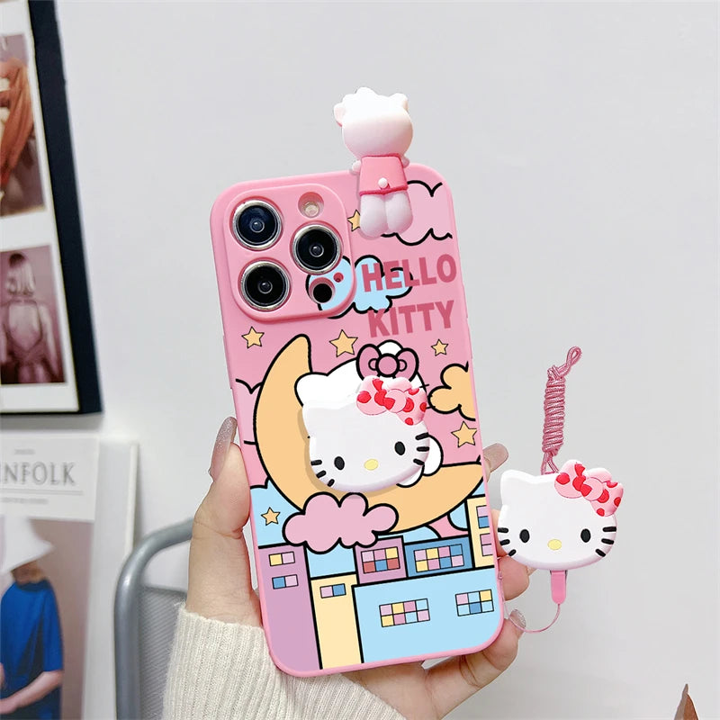 3D Hello Kitty Phone Holder Cartoon Case For iPhone 16 15 14 Plus 13 12 11 Pro Max Mini Toy With Strap Rope Lanyard Cover