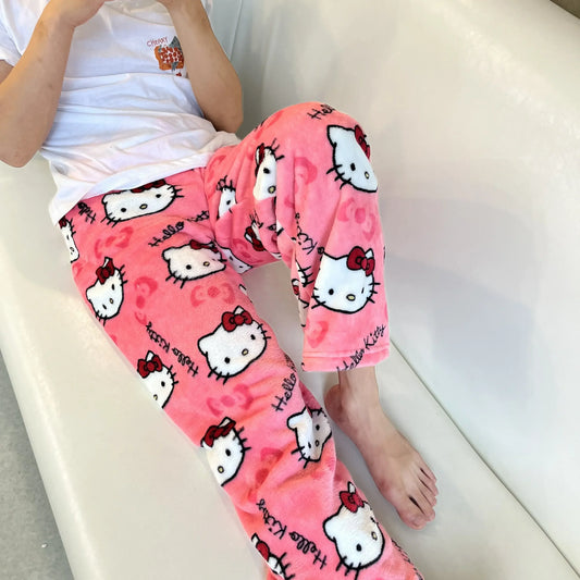 2024 Sanrio Hello Kitty Pajamas Halloween Flannel Fashion Trouserswomen Kawaii Woolen Anime Cartoon Casual Home Pants Autumn