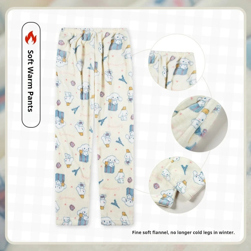 Miniso Hello Kitty Kuromi Sleeper Pants With Flannel Thick Fleece For Warmth Casual Cute Cartoon Pattern Girl Christmas Clothing