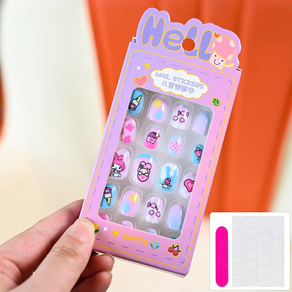 24Pcs Cartoon Hello Kitty Press on Nails Sanrio Series Pink/Blue/Purple Kuromi Kawaii Fake Nail for 6 years+ School Girl