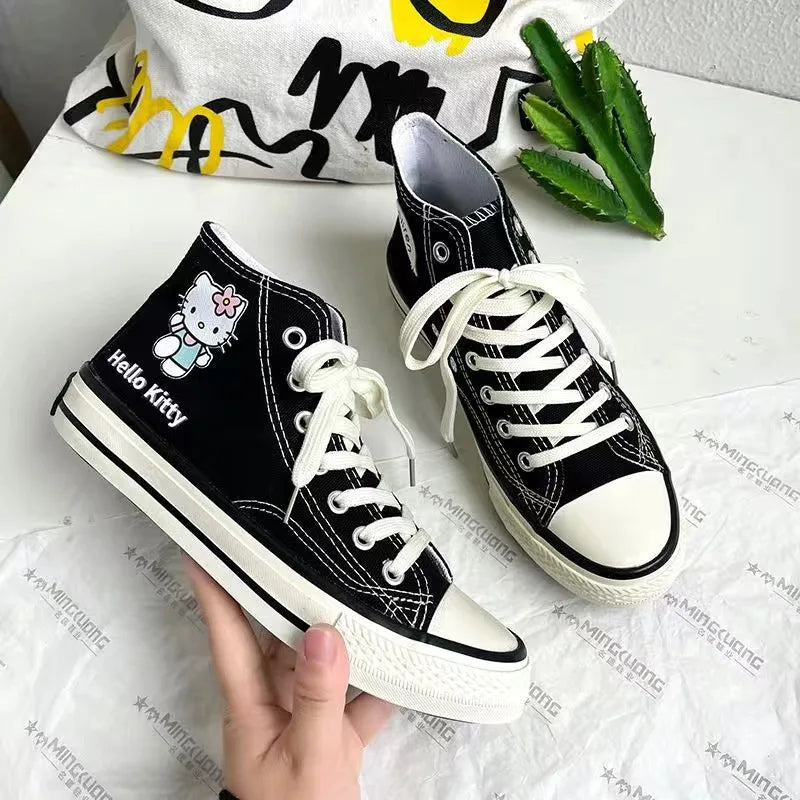 Hello Kitty High Top Canvas Shoes Student Cartoon Graffiti Skateboard Shoes Kawaii Girls Preppy Style Versatile Sneakers