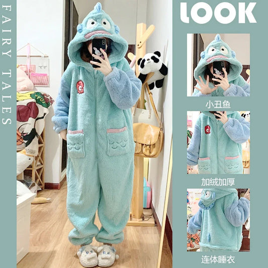 Hangyodon Plush One-piece Pajamas Hooded Jumpsuit Cartoon Pajamas Anime Kawaii Coral Fleece Loungewear Thickened Pajamas