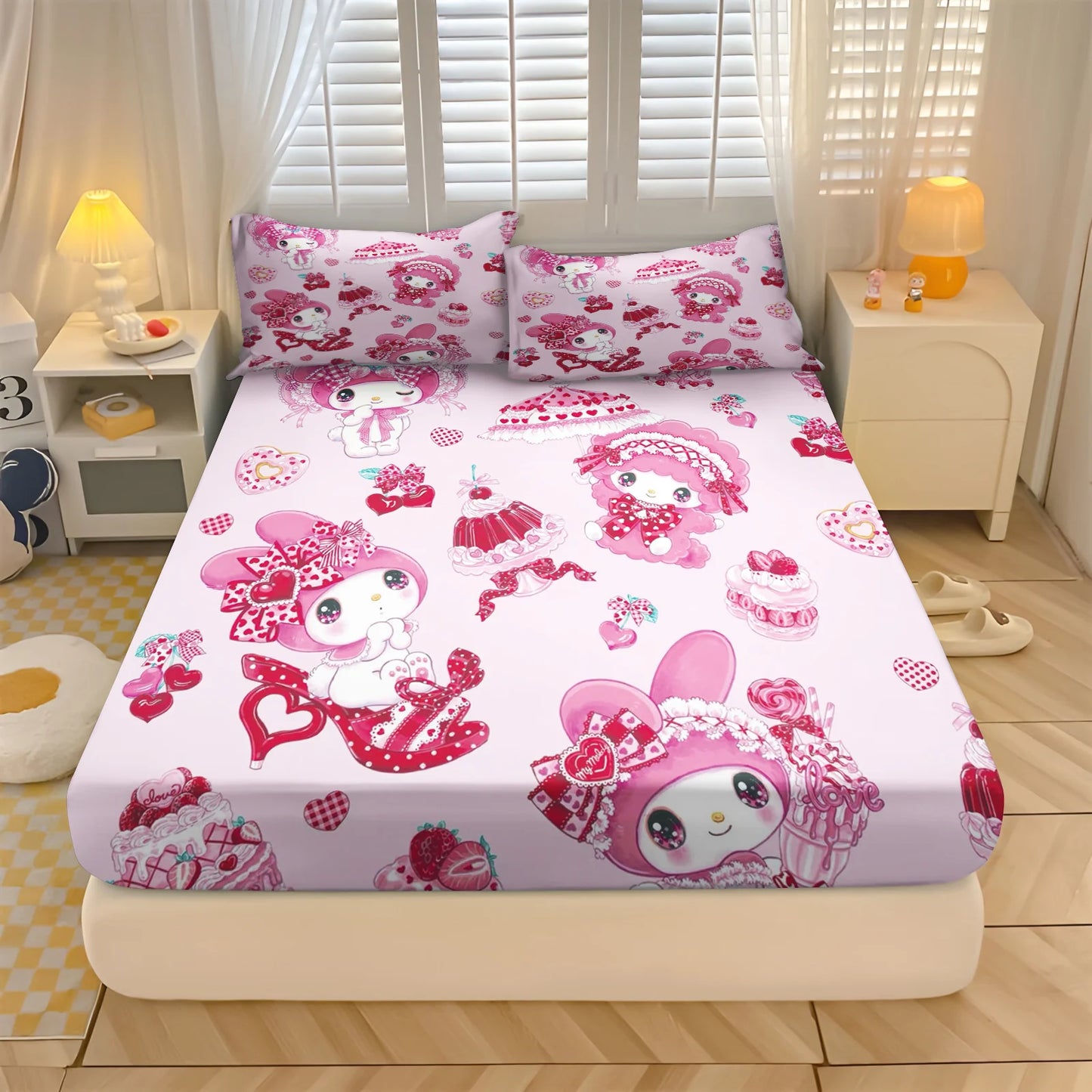 Sanlio, Kuromi Hello kitty 100% Polyester With Pillowcas Bedding Set  Fitted Sheet Bed Cover Full 3D Printed Children'S