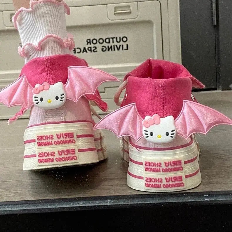 Hello Kitty High Top Canvas Skateboard Sneakers with Bat Wings Clips for Women Trendy New Thick Sole Lace-up Cute Board Shoes