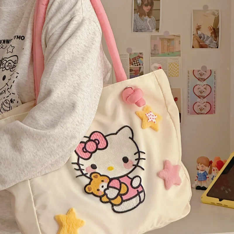 Hello Kitty Womens Tote Bag Embroidery Nylon Large Capacity Cute Cartoon Shoulder Bag Casual Commuter Travel Female Handbag