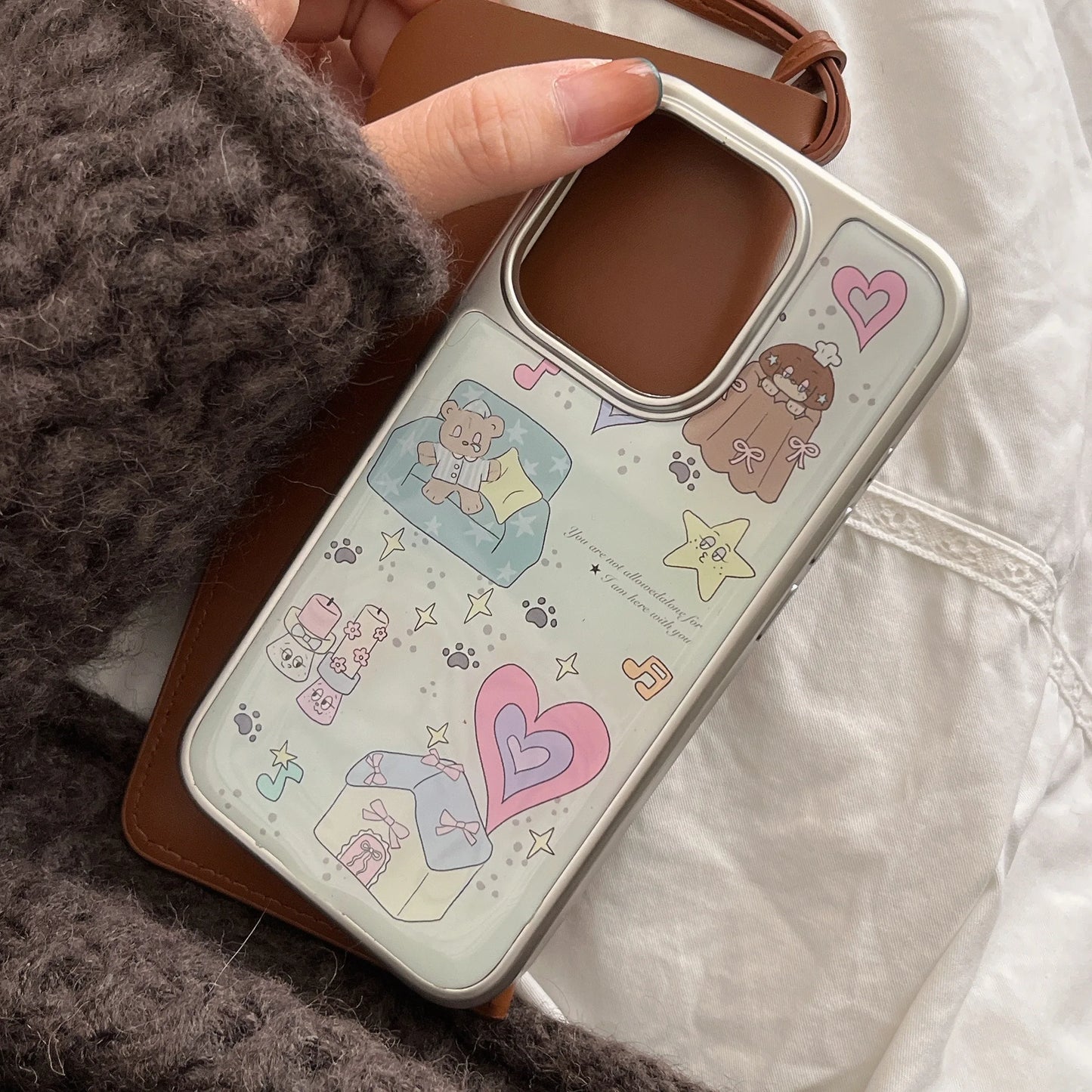 Cartoon INS Electroplated Frame Bear & House Shockproof Phone Case for iPhone 16 15 14 13 Pro Max Back Phone Cover Capa