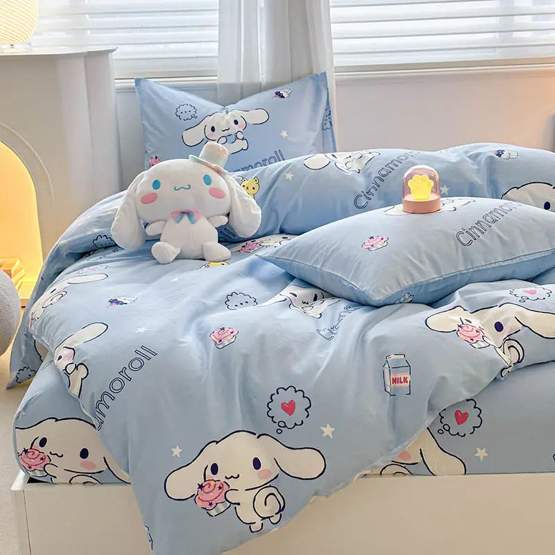 Kuromi Cinnamoroll My melody Hello Kitty Fashion Simple Cartoon Print Pure Cotton Bed Sheets and Quilt Covers Three Piece Set