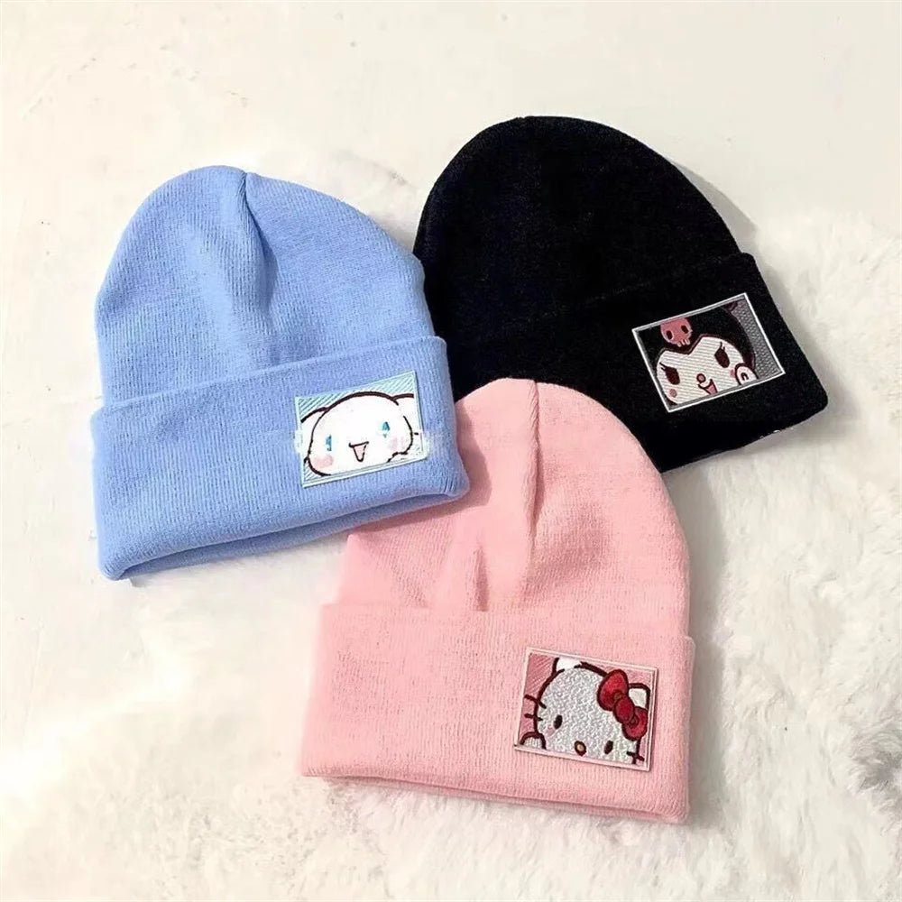 Knitted Hats Melody Cinnamo roll Hello Kitty Embroidered Knitted Autumn Winter Warm Hat Couple Stuff Girls Gifts