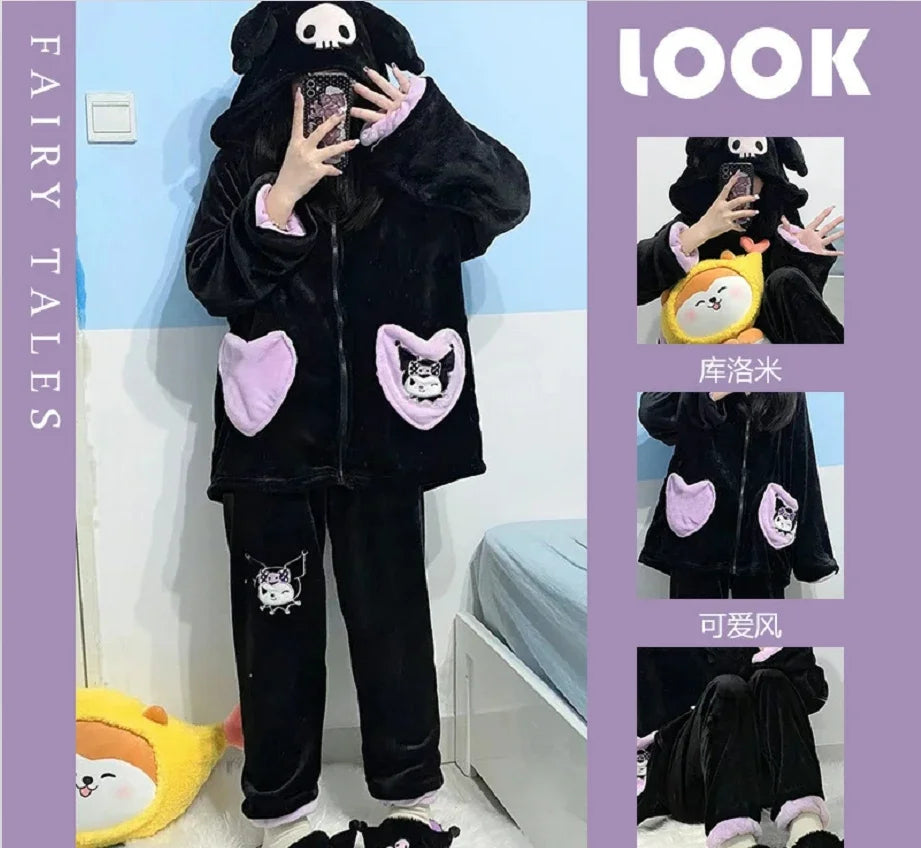 Hello Kitty Kuromi Cartoon Anime Sweet Girl Winter Kawaii Super Soft Thickened 2 Piece Home Pajama Set Holiday Gifts