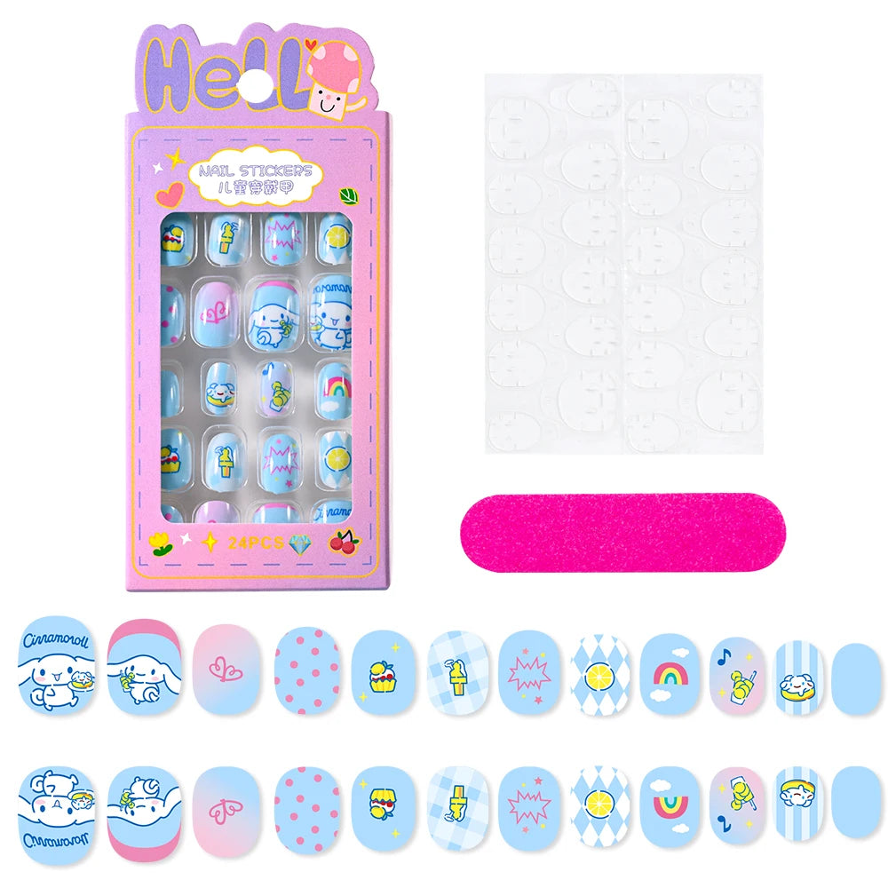 24Pcs Cartoon Hello Kitty Press on Nails Sanrio Series Pink/Blue/Purple Kuromi Kawaii Fake Nail for 6 years+ School Girl