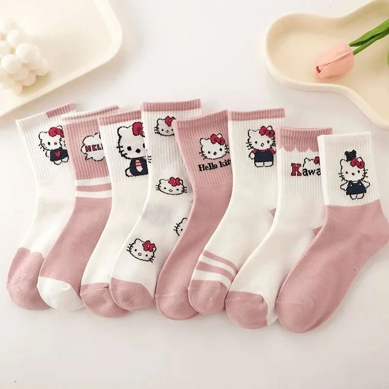 Cartoon Hello Kittys Kuromi Socks Ins Girl's Heart Kawaii Warm and Versatile Four Seasons Medium Socks Gifts