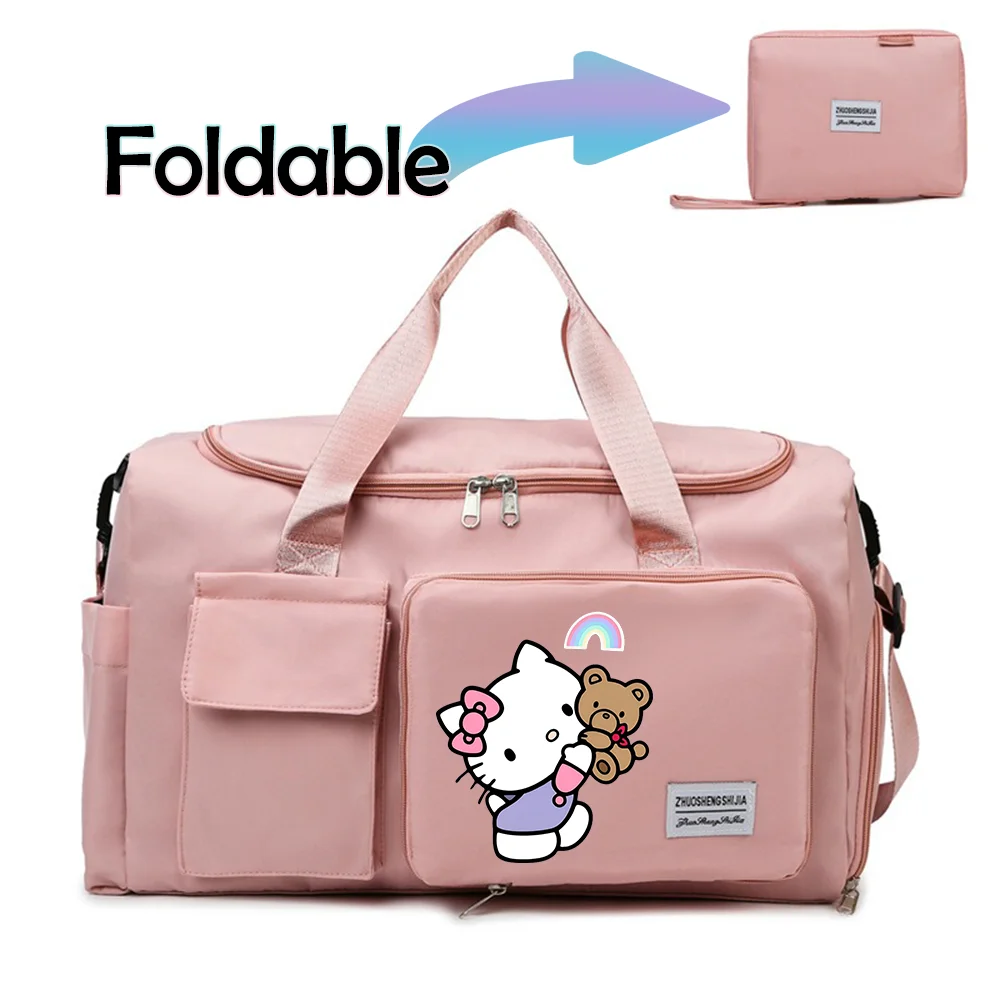 Hello Kitty Cartoon Travel Bag Large Capacity Storage Shoulder Bags Gym Duffle Pack with Shoe Compartment Portable HandBag