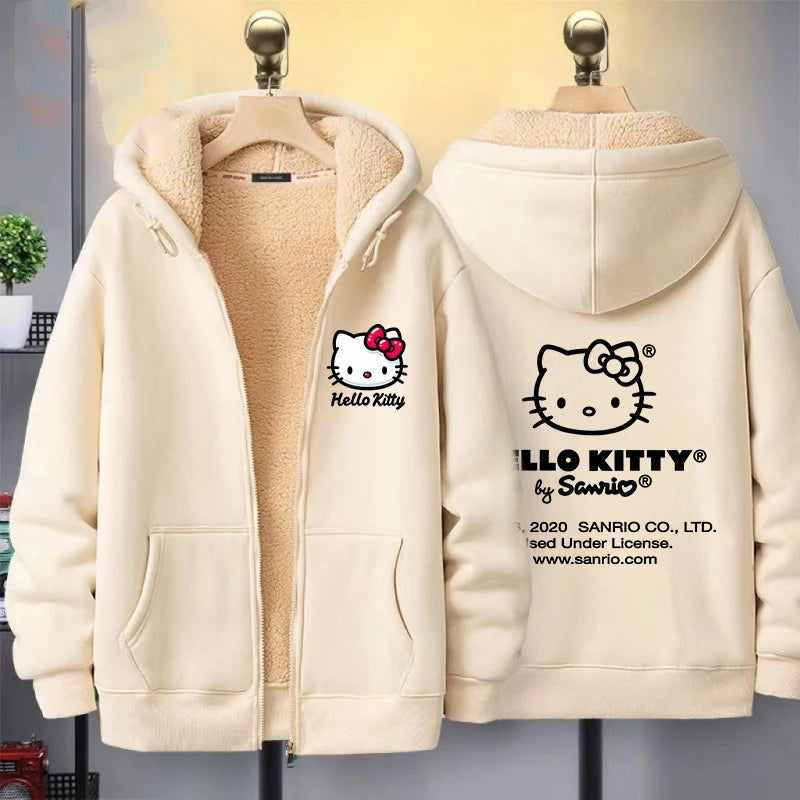 Hello Kitty Women's Zipper Hoodie Autumn and Winter New Cute Kawaii Pattern Sweatshirt Streetwear Girl Lady Clothing Coat