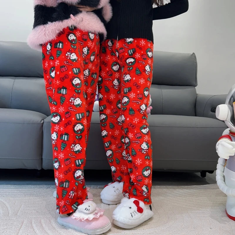 Hello Kitty Christmas Pajamas Pants Anime Sanrio 2024 New Flannel Men Women Winter Casual Trousers Ladies' Home Loose Pajamas