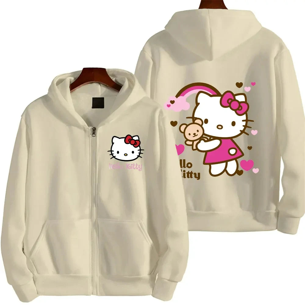 Women's Zipper Hoodie Autumn and Winter New Cute Kawaii Hello Kitty Pattern Sweatshirt 2025 Streetwear Women's Clothing