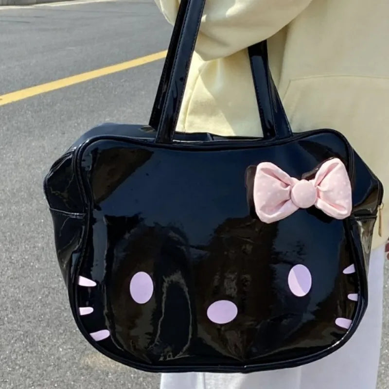 Hello Kitty Womens Shoulder Bag Black Leather Cute Bow Harajuku Fashion Cartoon Tote Bag New Style Casual Female Handbag