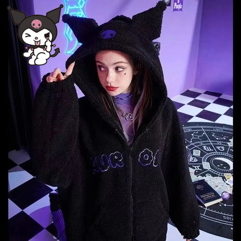 Anime Kuromi Clothes Women Black Embroidery Hoodies Y2k Tops Autumn Winter Thin Coat Female Fashion Loose Sweatshirt